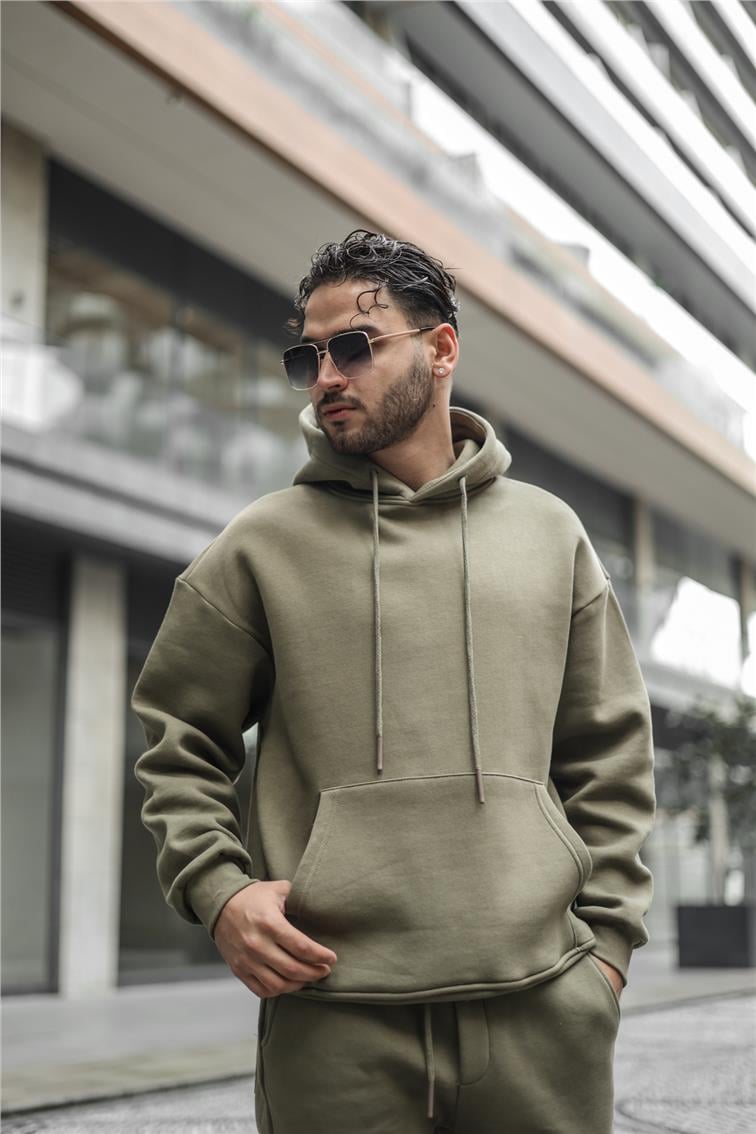 Basic Kapüşonlu Oversize Sweatshirt Haki