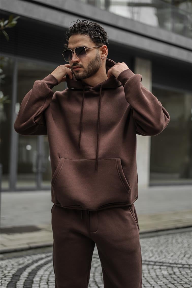 Basic Kapüşonlu Oversize Sweatshirt Kahve
