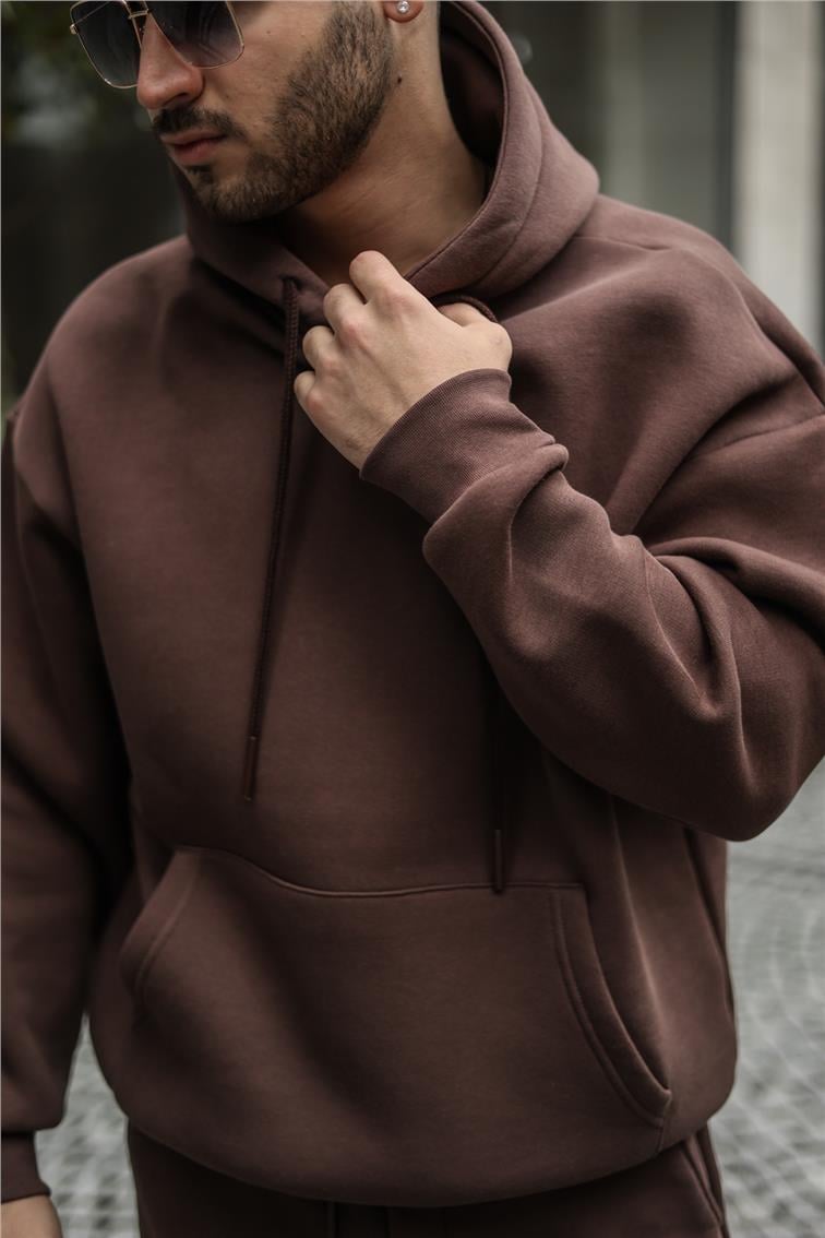 Basic Kapüşonlu Oversize Sweatshirt Kahve