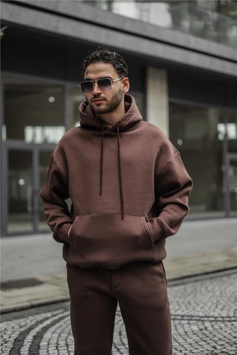 Basic Kapüşonlu Oversize Sweatshirt Kahve