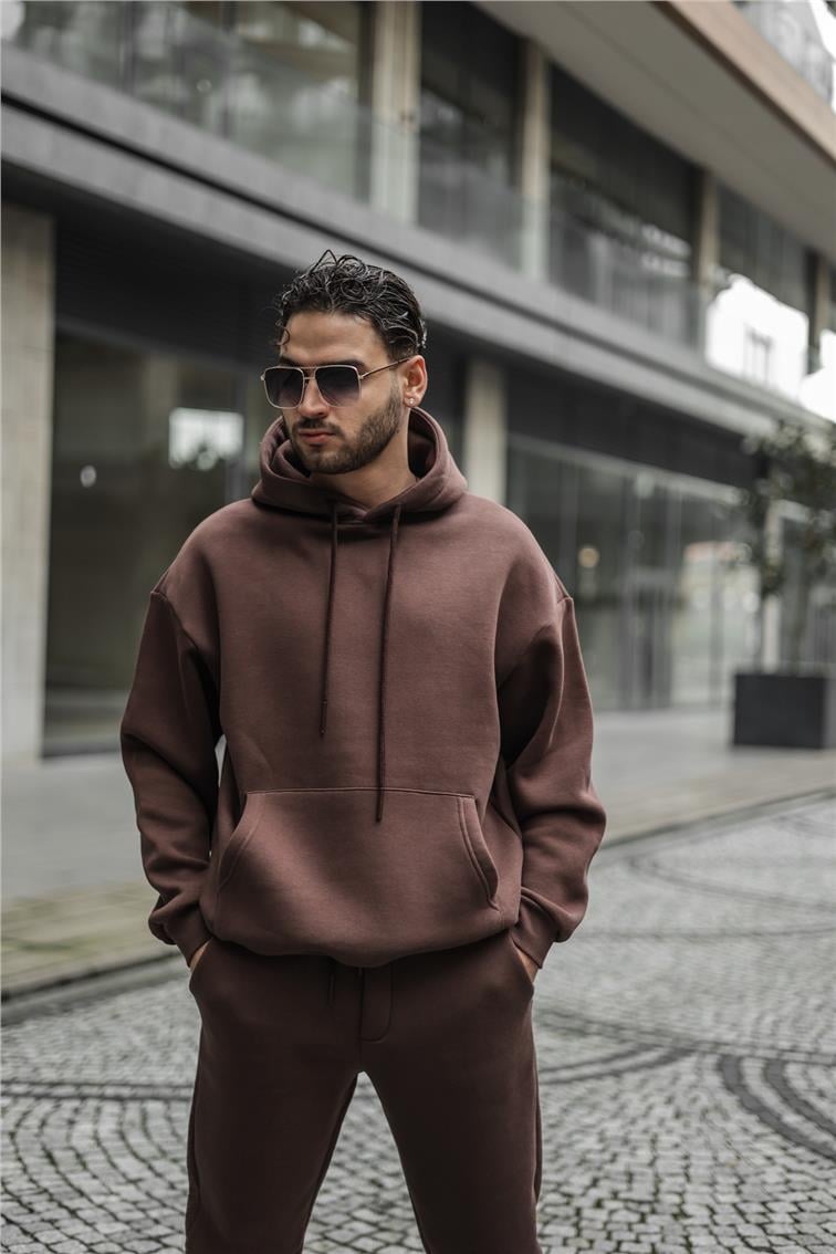 Basic Kapüşonlu Oversize Sweatshirt Kahve