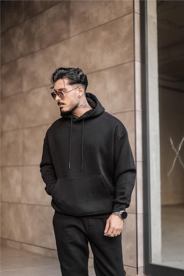 Basic Kapüşonlu Oversize Sweatshirt Siyah