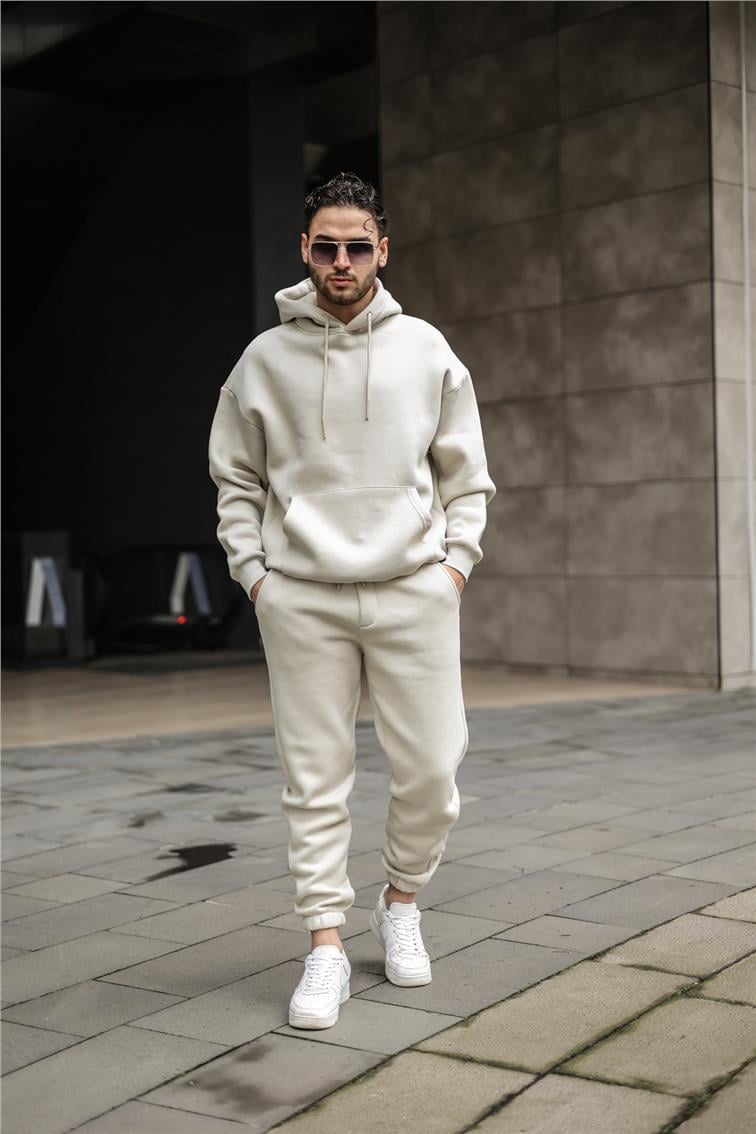 Basic Kapüşonlu Oversize Sweatshirt Taş