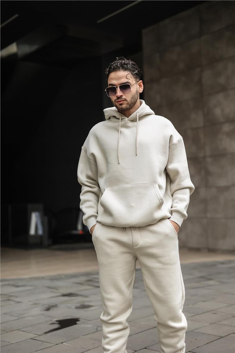 Basic Kapüşonlu Oversize Sweatshirt Taş