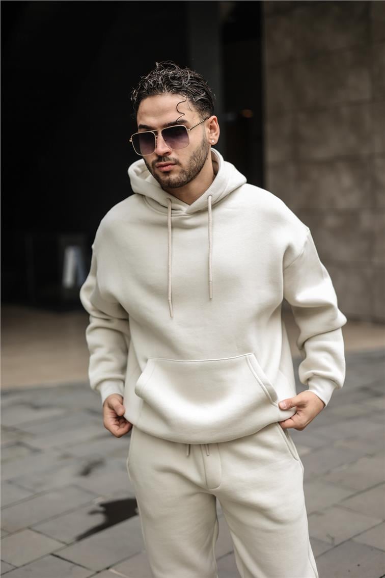 Basic Kapüşonlu Oversize Sweatshirt Taş