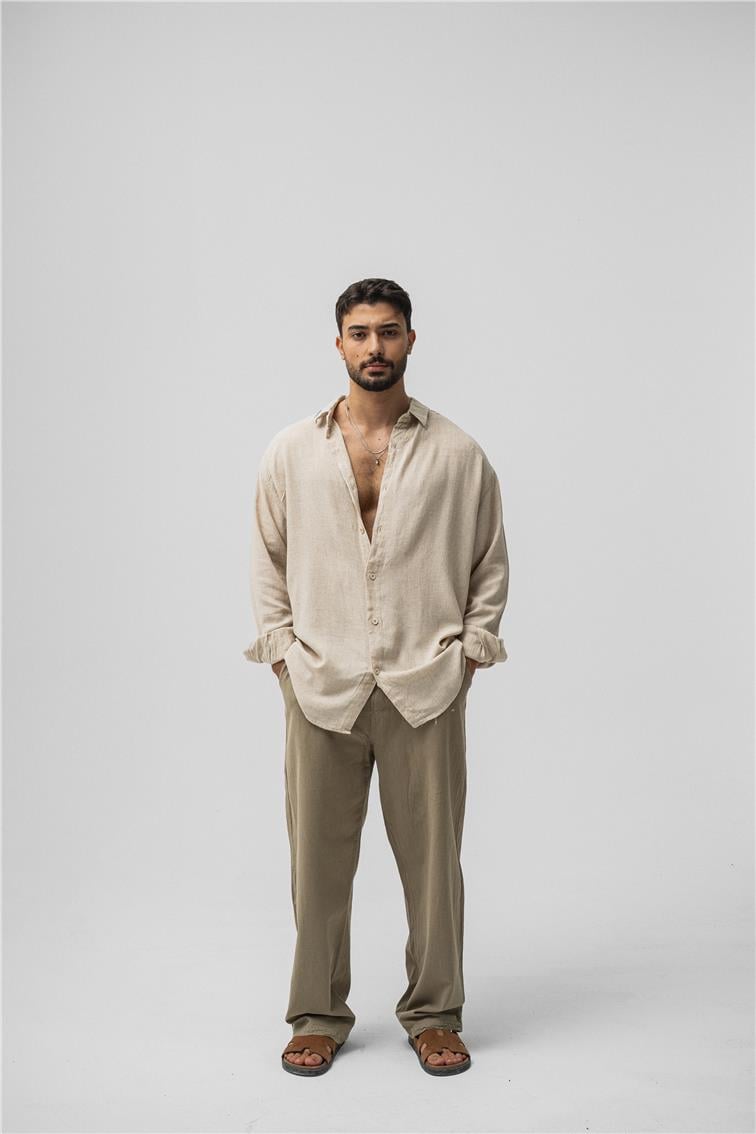 Basic Keten Oversize Gömlek Bej