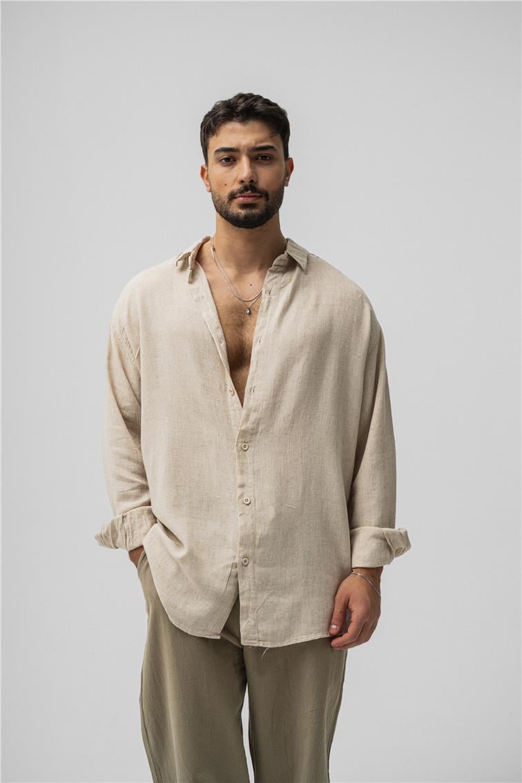 Basic Keten Oversize Gömlek Bej