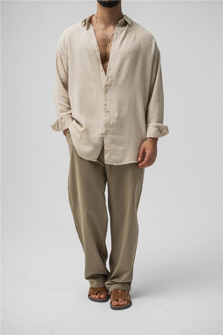 Basic Keten Oversize Gömlek Bej