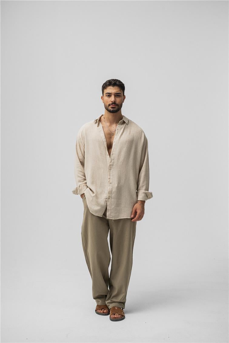 Basic Keten Oversize Gömlek Bej