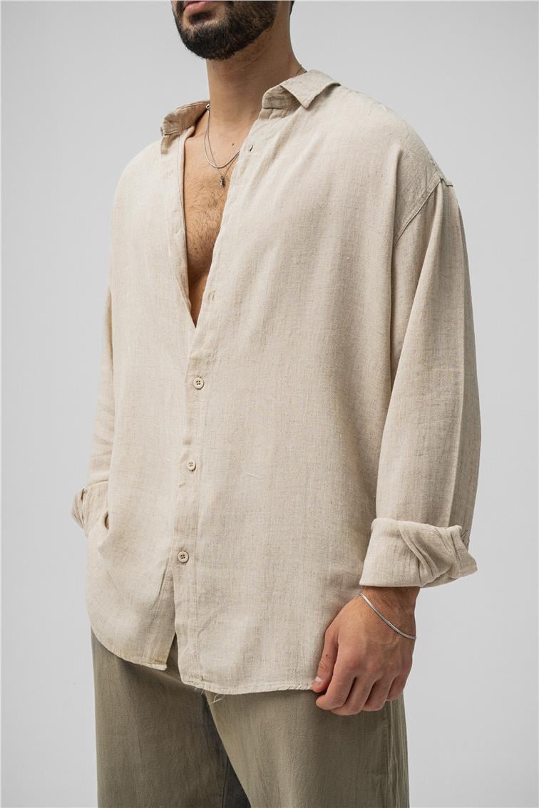 Basic Keten Oversize Gömlek Bej