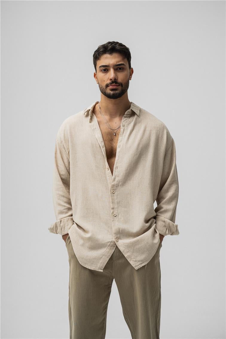 Basic Keten Oversize Gömlek Bej