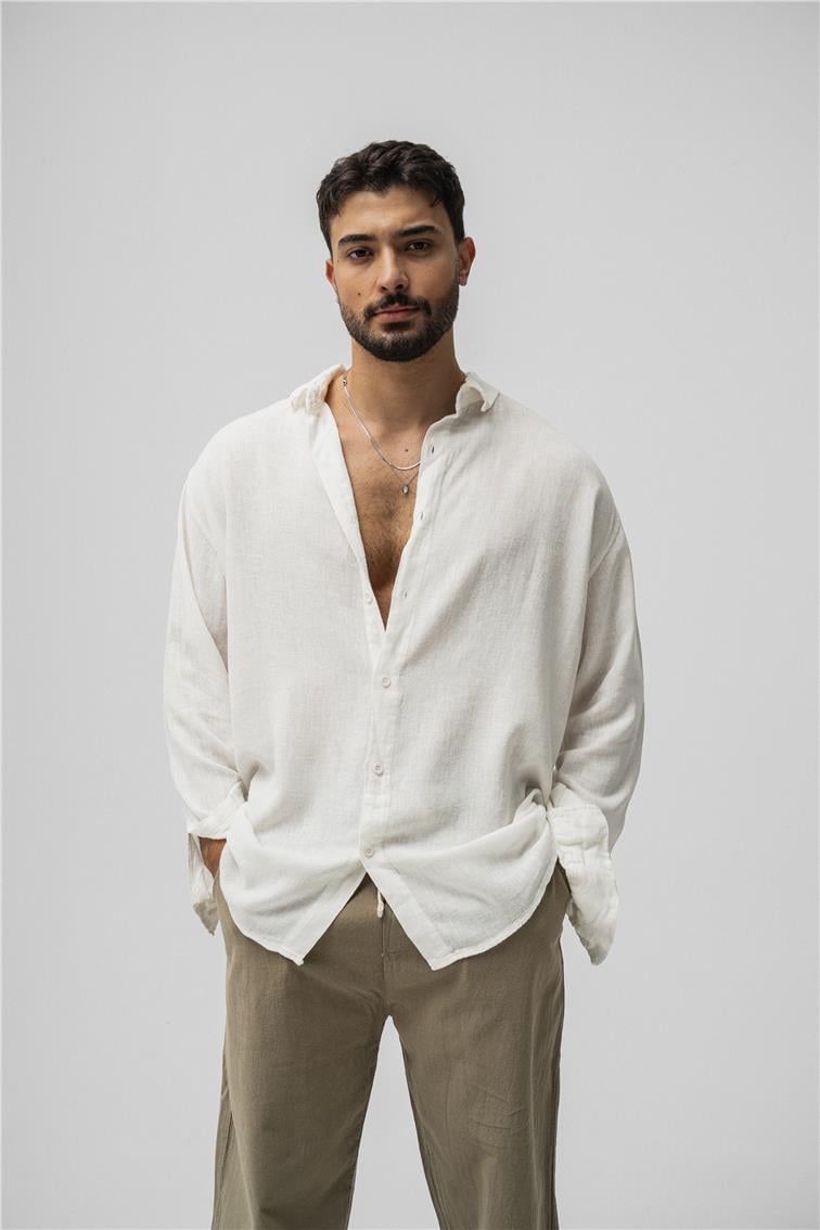 Basic Keten Oversize Gömlek Beyaz