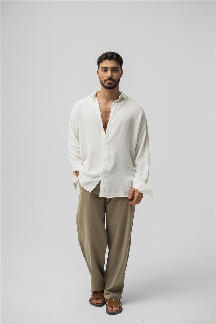 Basic Keten Oversize Gömlek Beyaz