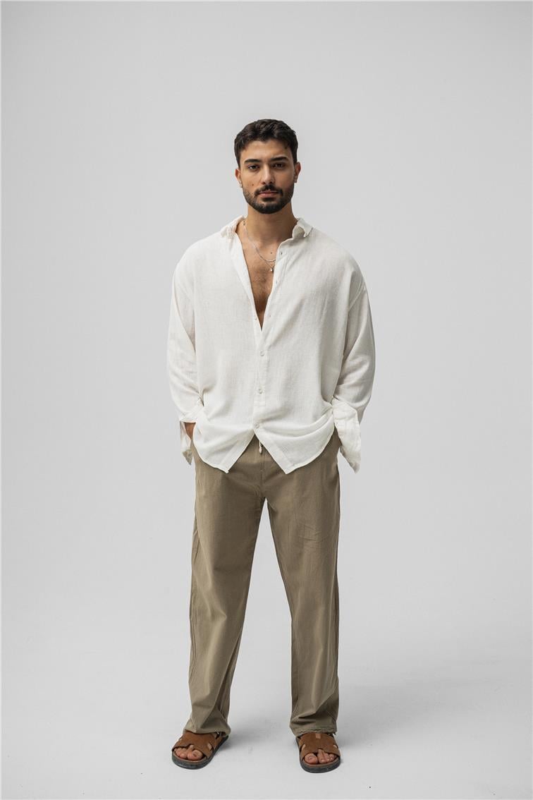 Basic Keten Oversize Gömlek Beyaz