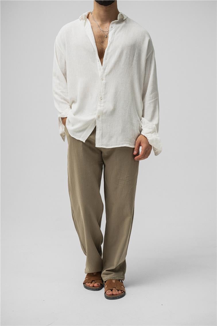 Basic Keten Oversize Gömlek Beyaz
