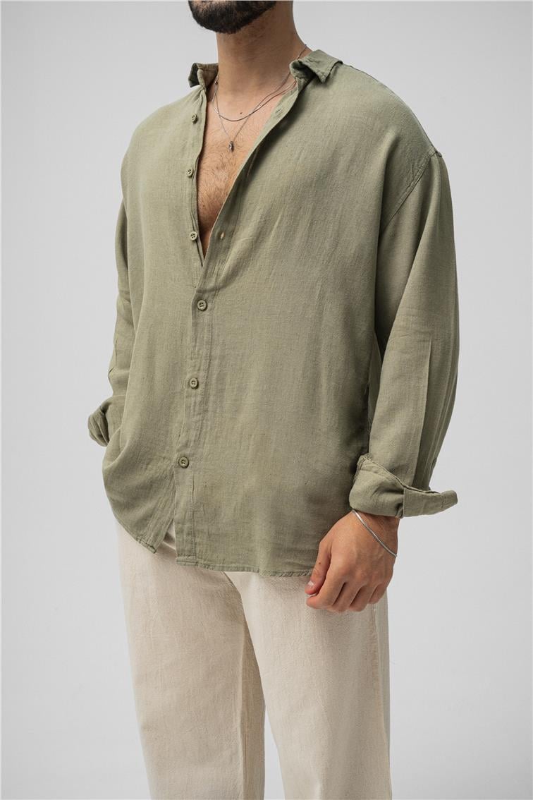 Basic Keten Oversize Gömlek Haki