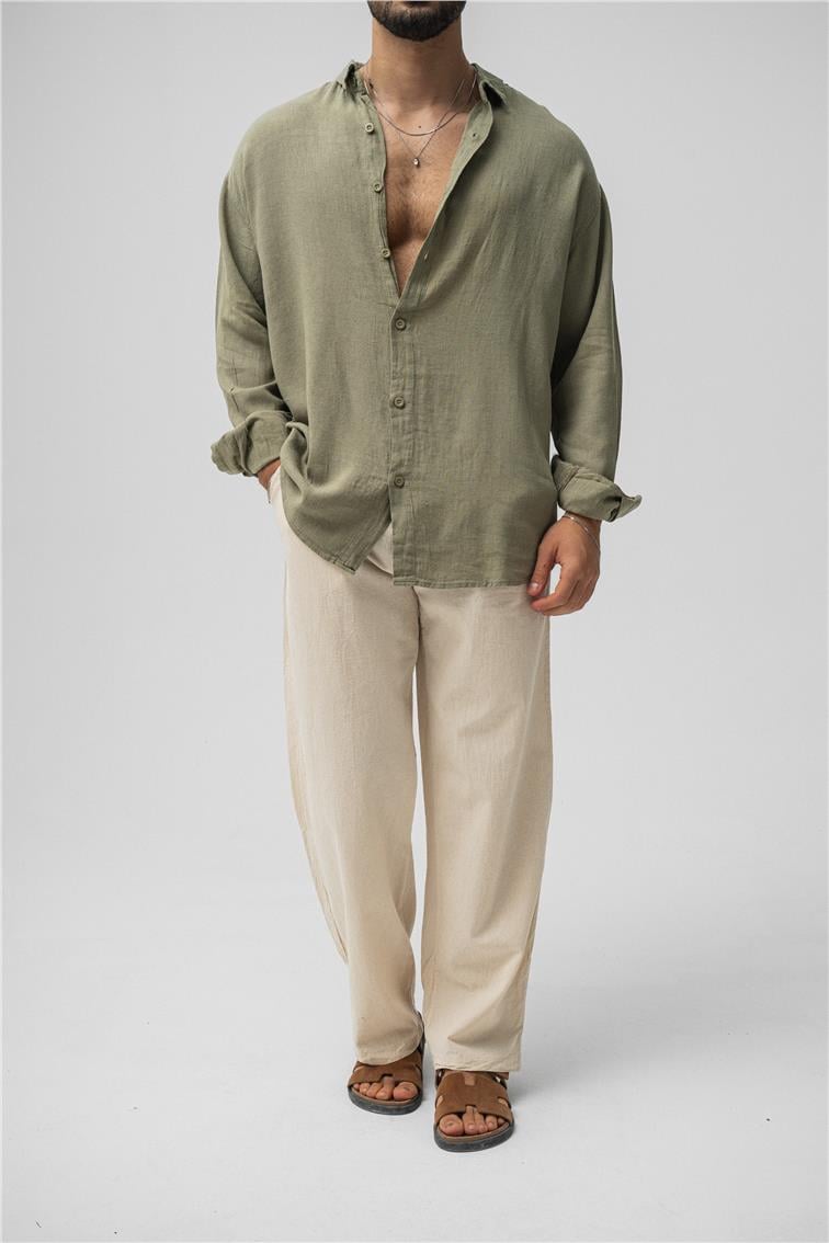Basic Keten Oversize Gömlek Haki