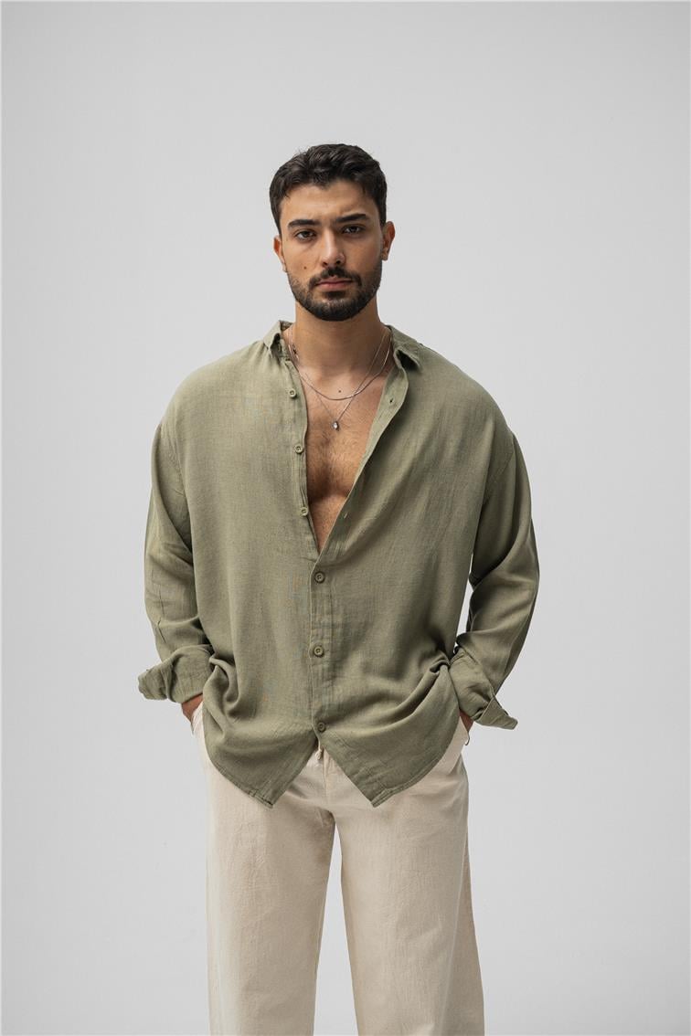 Basic Keten Oversize Gömlek Haki