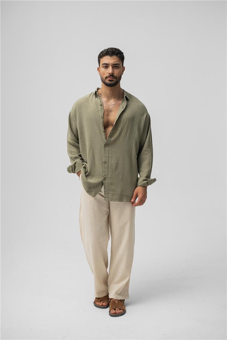 Basic Keten Oversize Gömlek Haki
