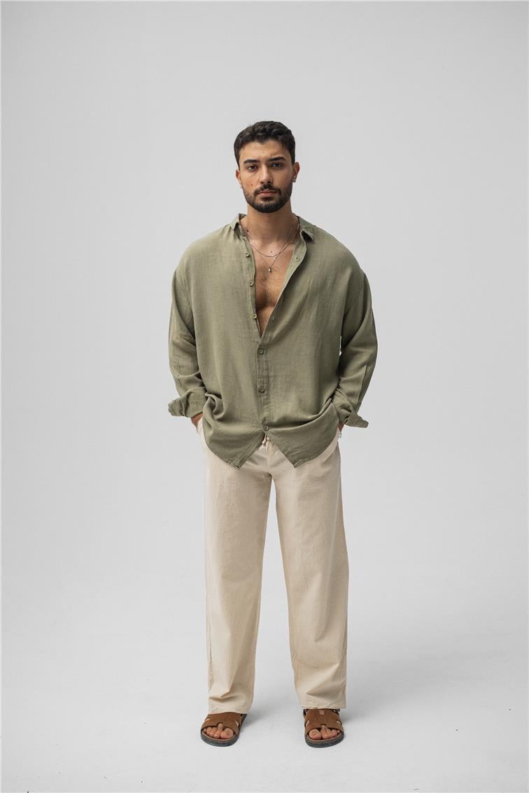 Basic Keten Oversize Gömlek Haki