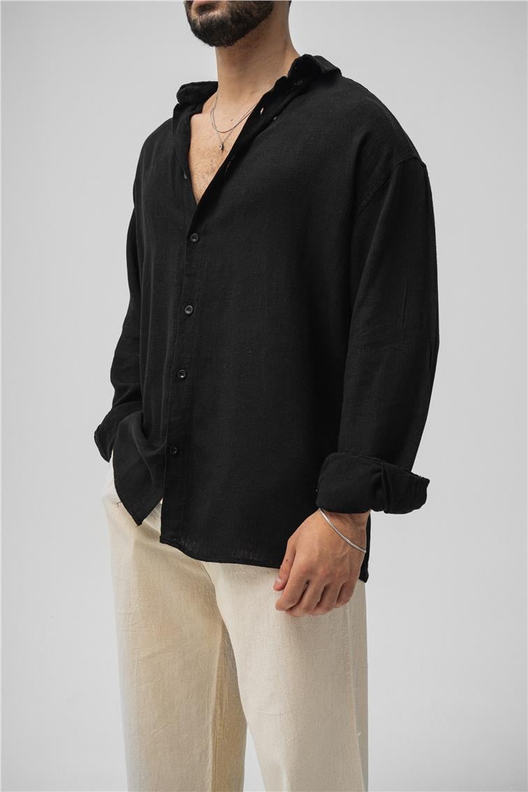 Basic Keten Oversize Gömlek Siyah
