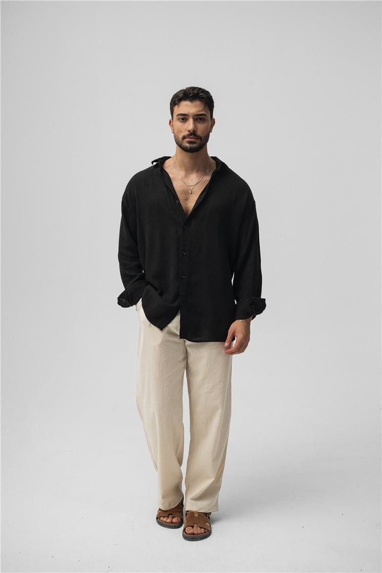 Basic Keten Oversize Gömlek Siyah