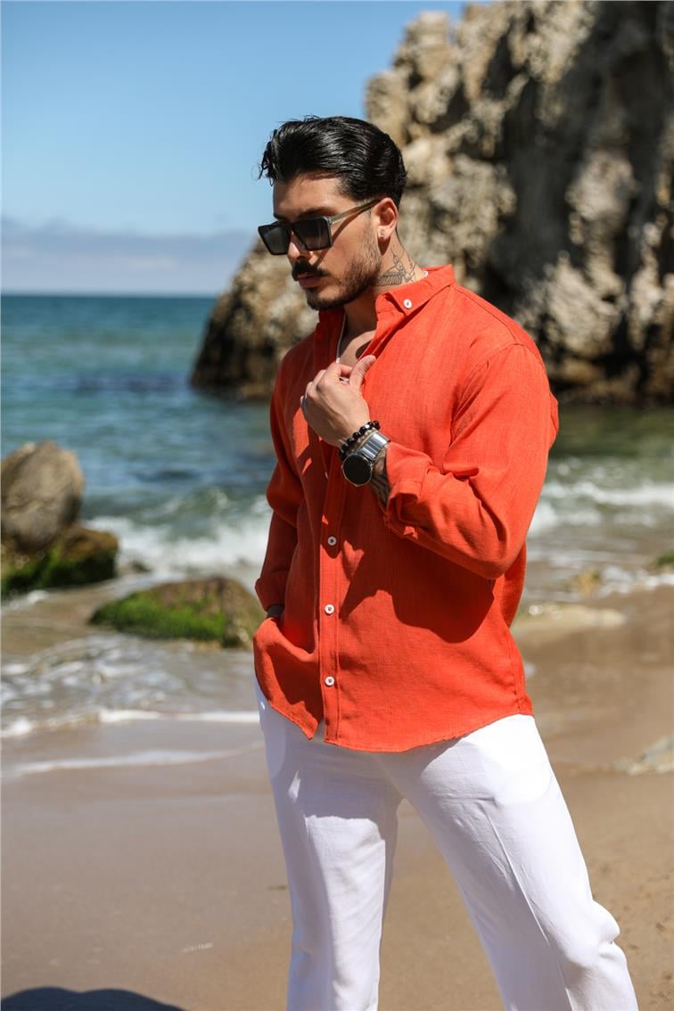 Basic Keten Yaka Düğmeli Oversize Gömlek Kırmızı