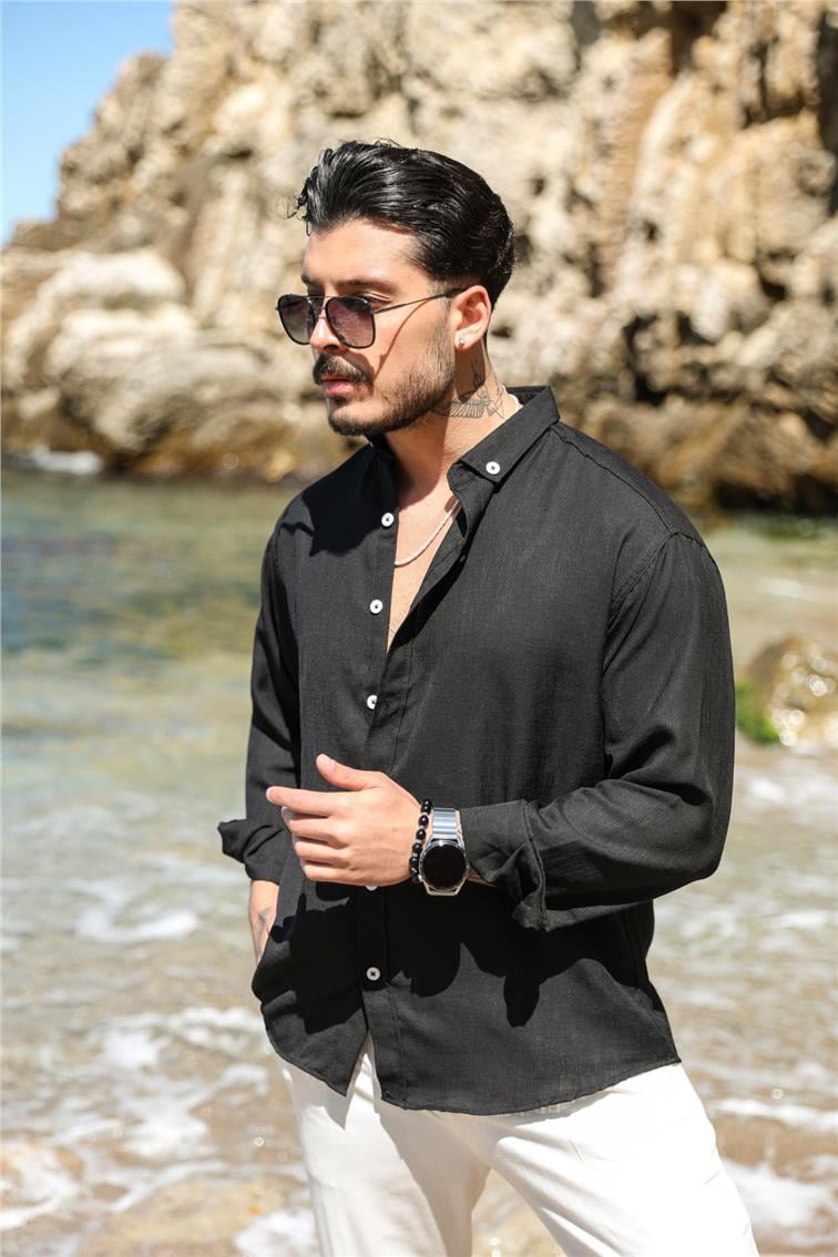 Basic Keten Yaka Düğmeli Oversize Gömlek Siyah