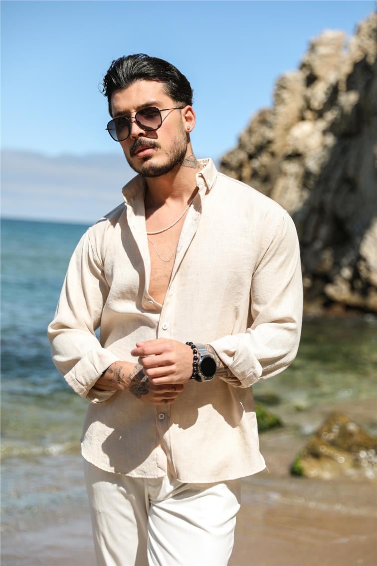 Basic Keten Yaka Düğmeli Oversize Gömlek Bej
