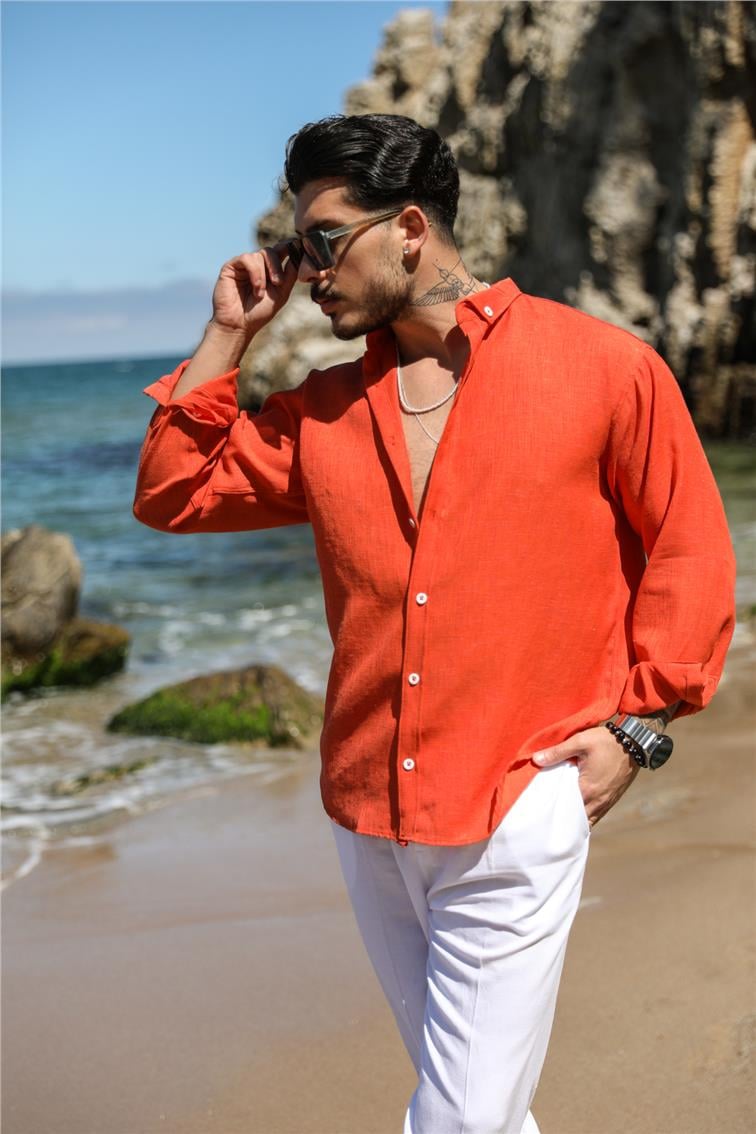 Basic Keten Yaka Düğmeli Oversize Gömlek Kırmızı