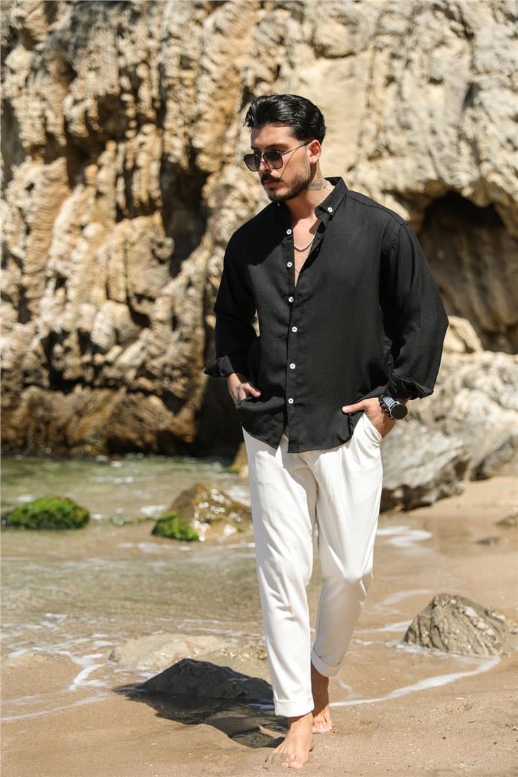Basic Keten Yaka Düğmeli Oversize Gömlek Siyah