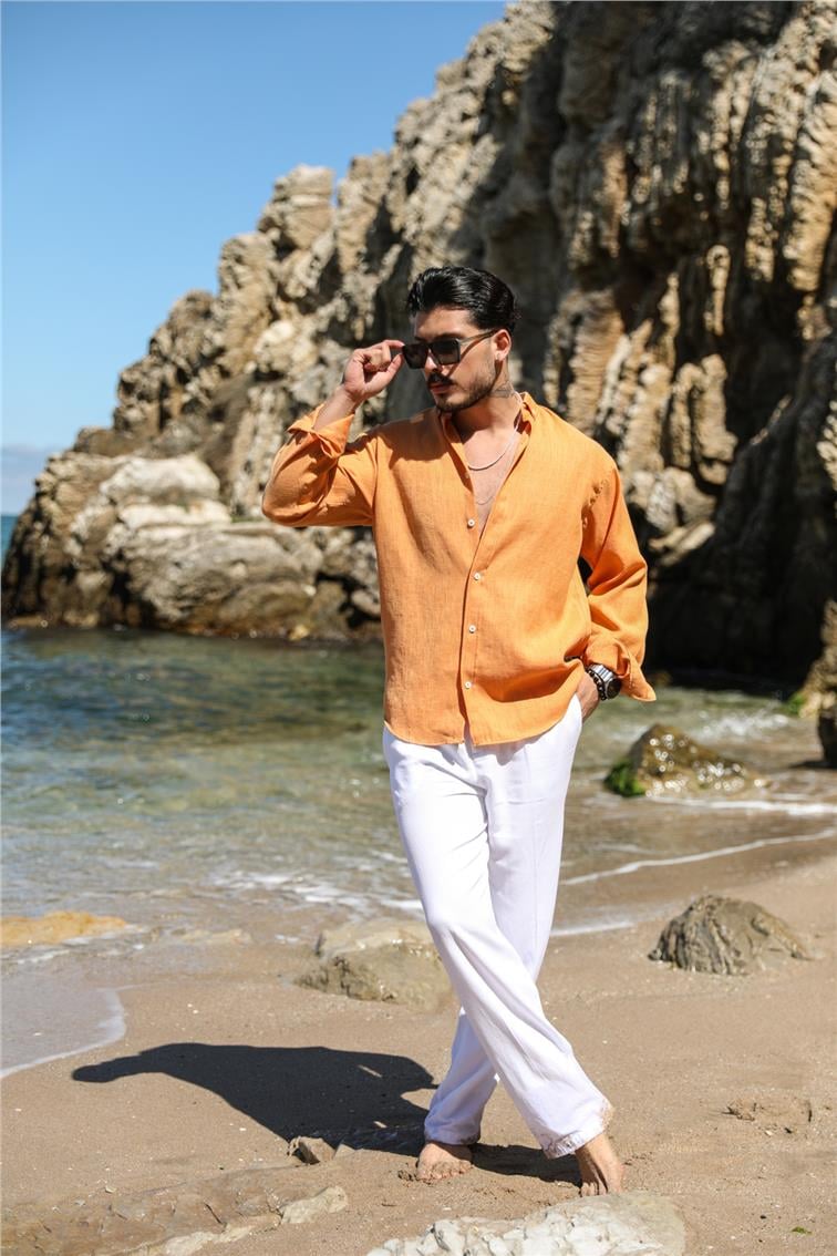 Basic Keten Yaka Düğmeli Oversize Gömlek Turuncu