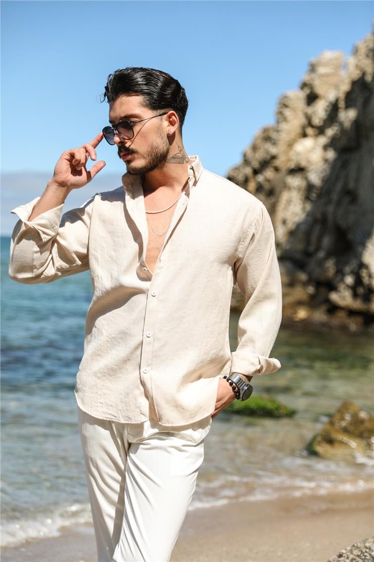 Basic Keten Yaka Düğmeli Oversize Gömlek Bej