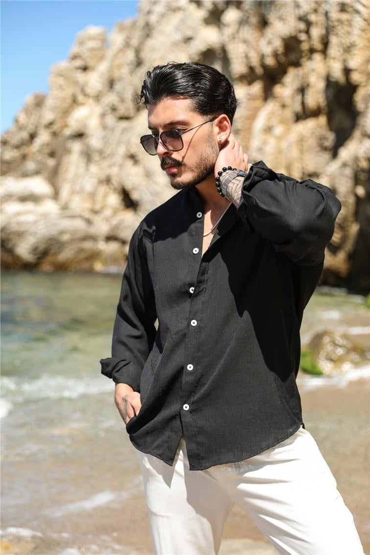 Basic Keten Yaka Düğmeli Oversize Gömlek Siyah
