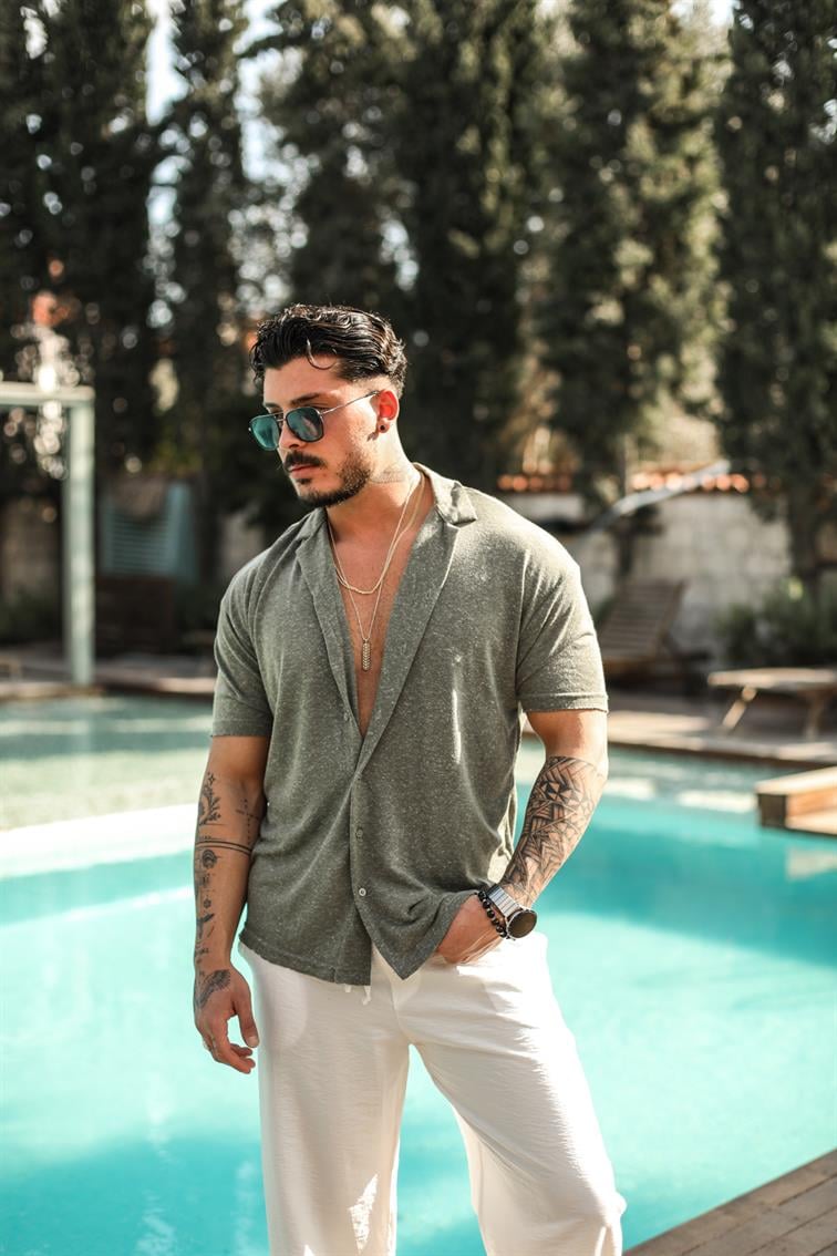 Basic Noktalı Oversize Kısa Kol Gömlek Haki