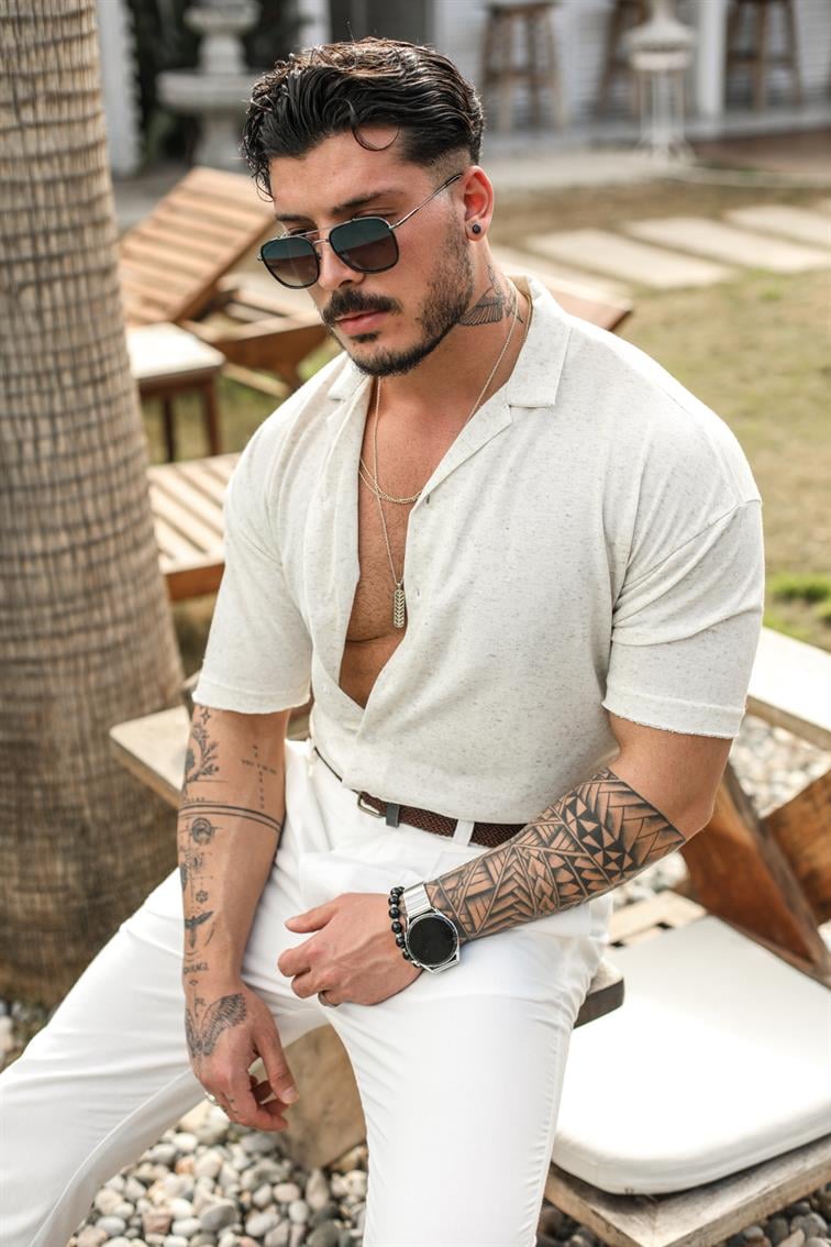 Basic Noktalı Oversize Kısa Kol Gömlek Bej