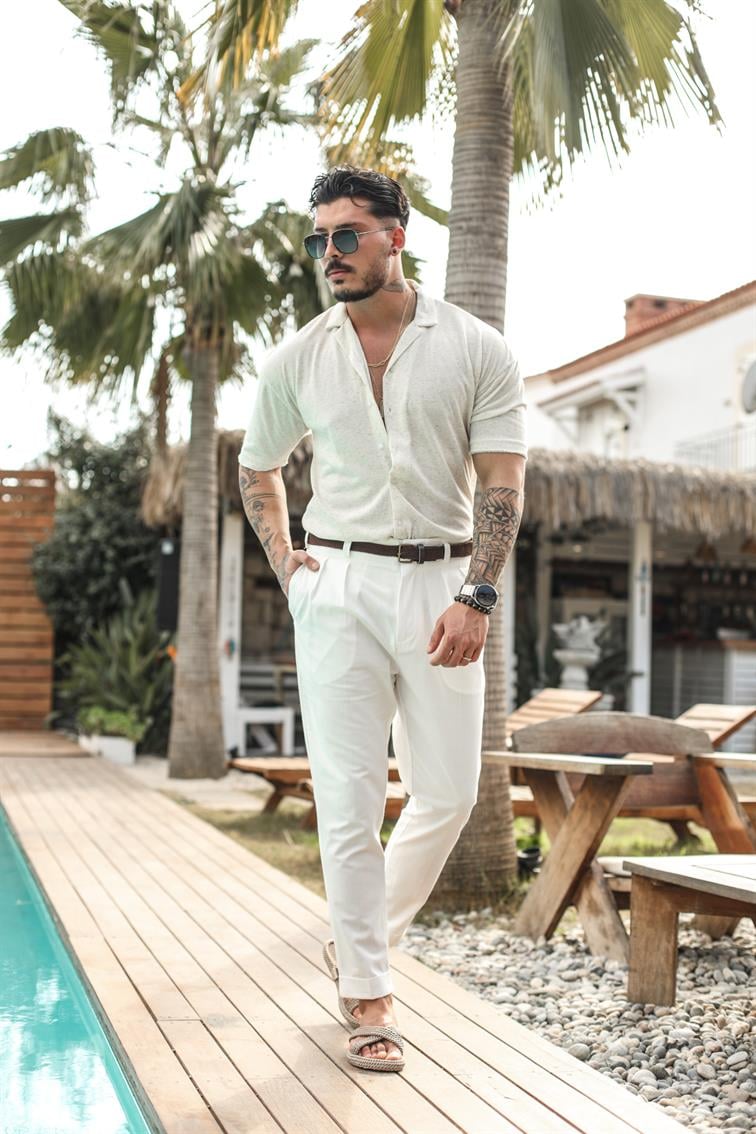 Basic Noktalı Oversize Kısa Kol Gömlek Bej