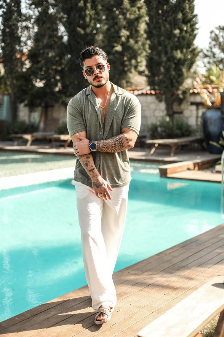 Basic Noktalı Oversize Kısa Kol Gömlek Haki
