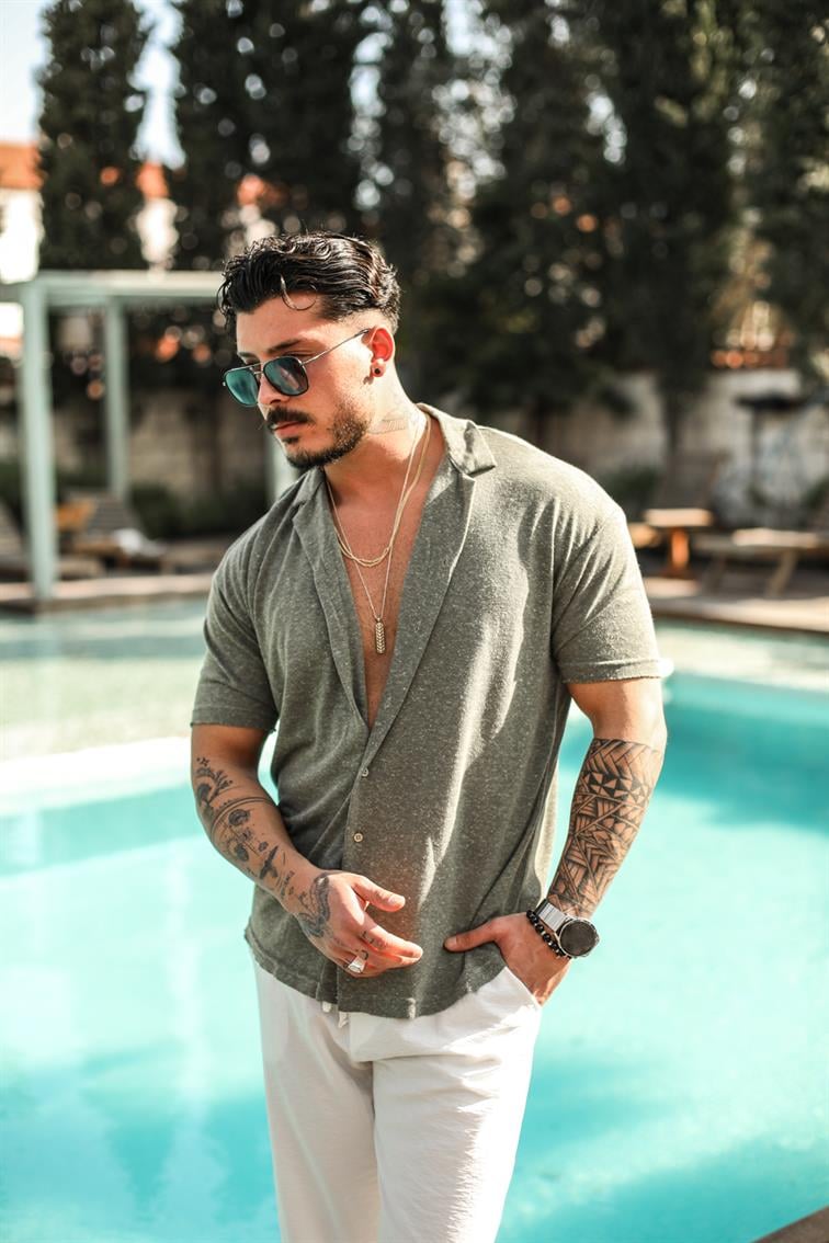 Basic Noktalı Oversize Kısa Kol Gömlek Haki