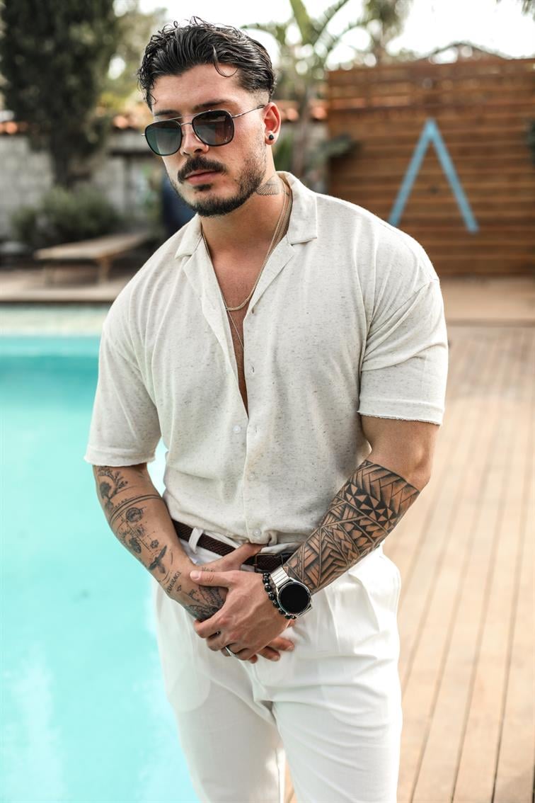 Basic Noktalı Oversize Kısa Kol Gömlek Bej