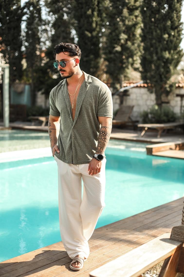 Basic Noktalı Oversize Kısa Kol Gömlek Haki