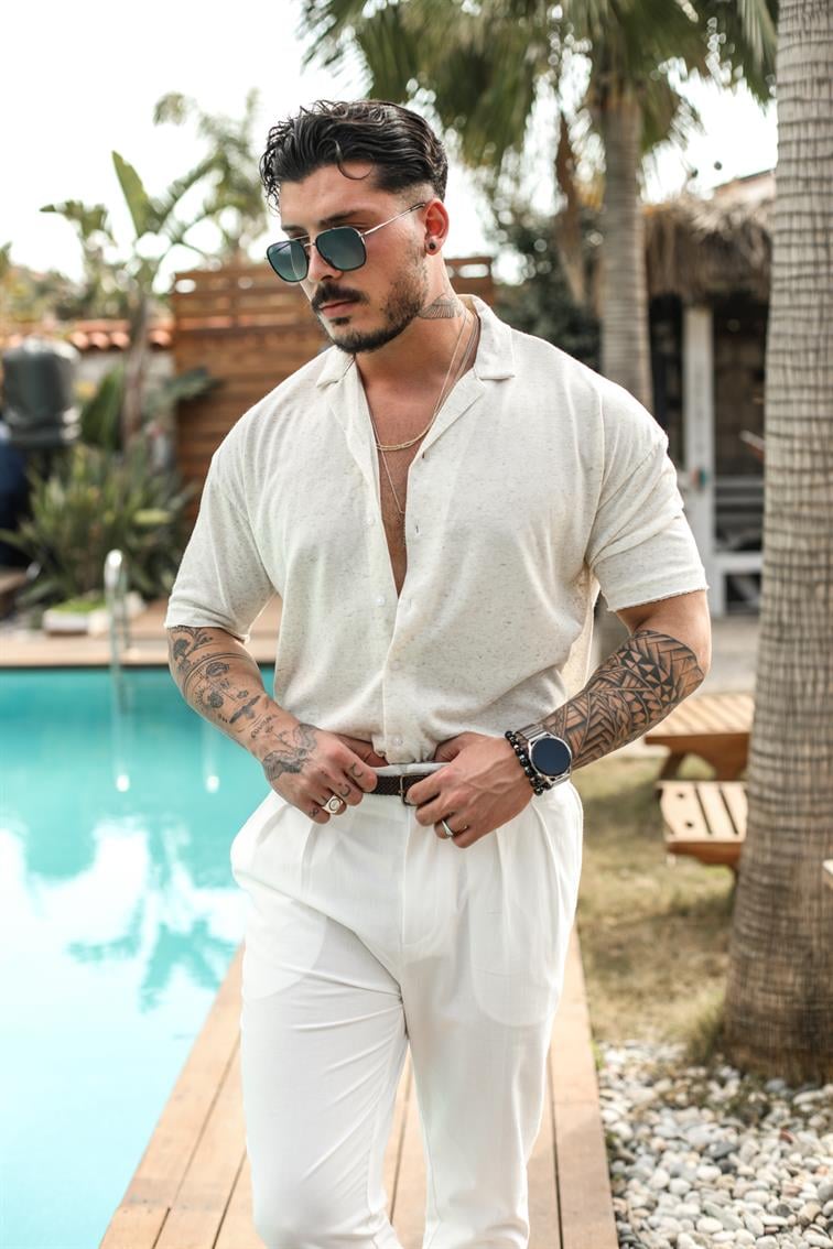 Basic Noktalı Oversize Kısa Kol Gömlek Bej