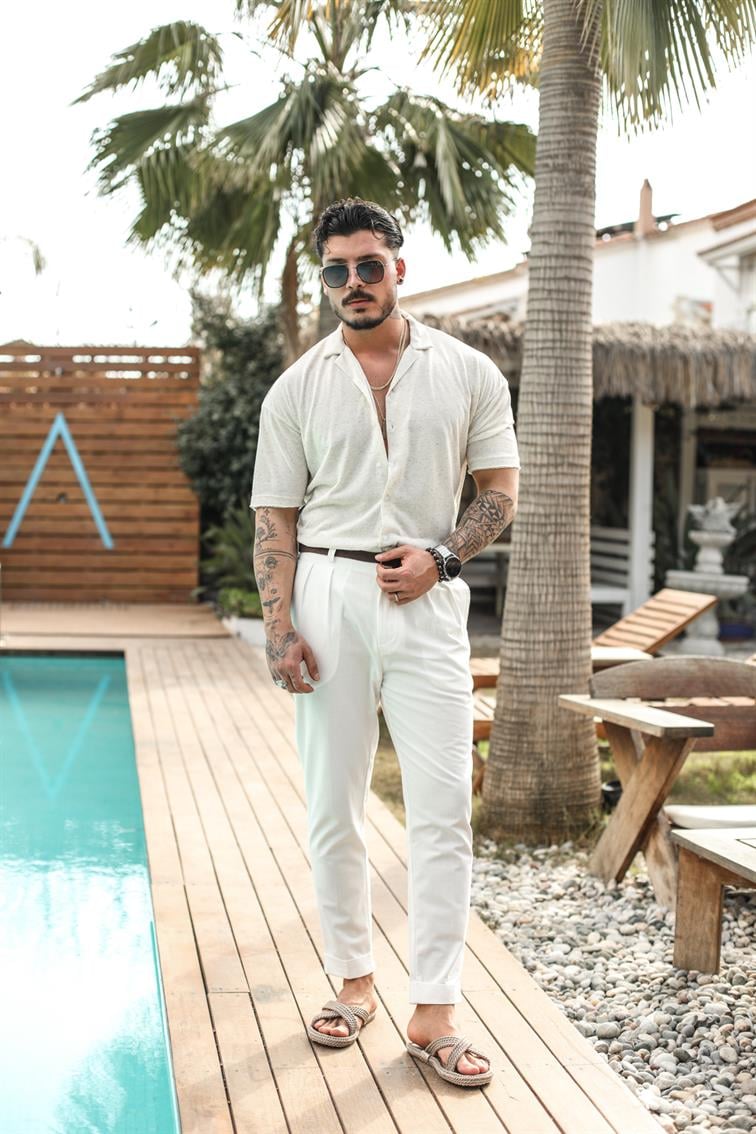 Basic Noktalı Oversize Kısa Kol Gömlek Bej