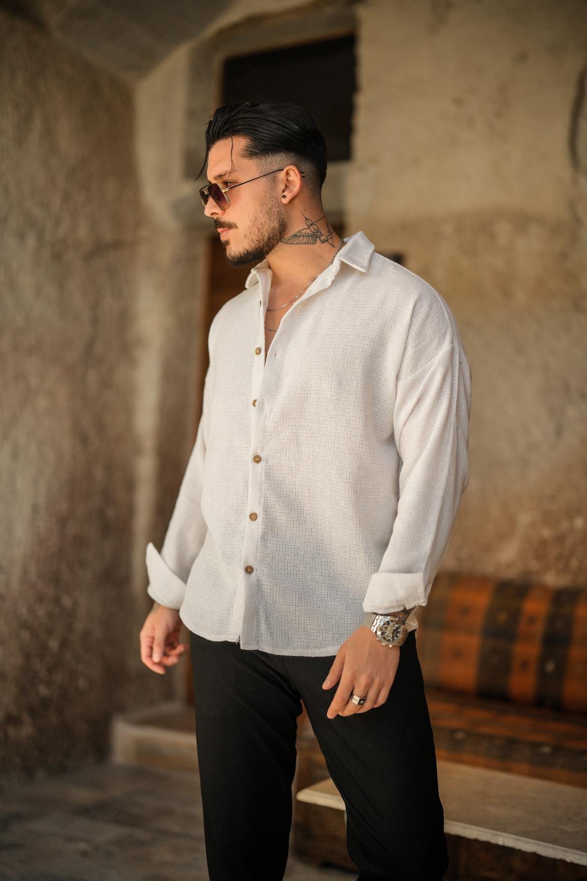 Basic Örme Oversize Gömlek Beyaz