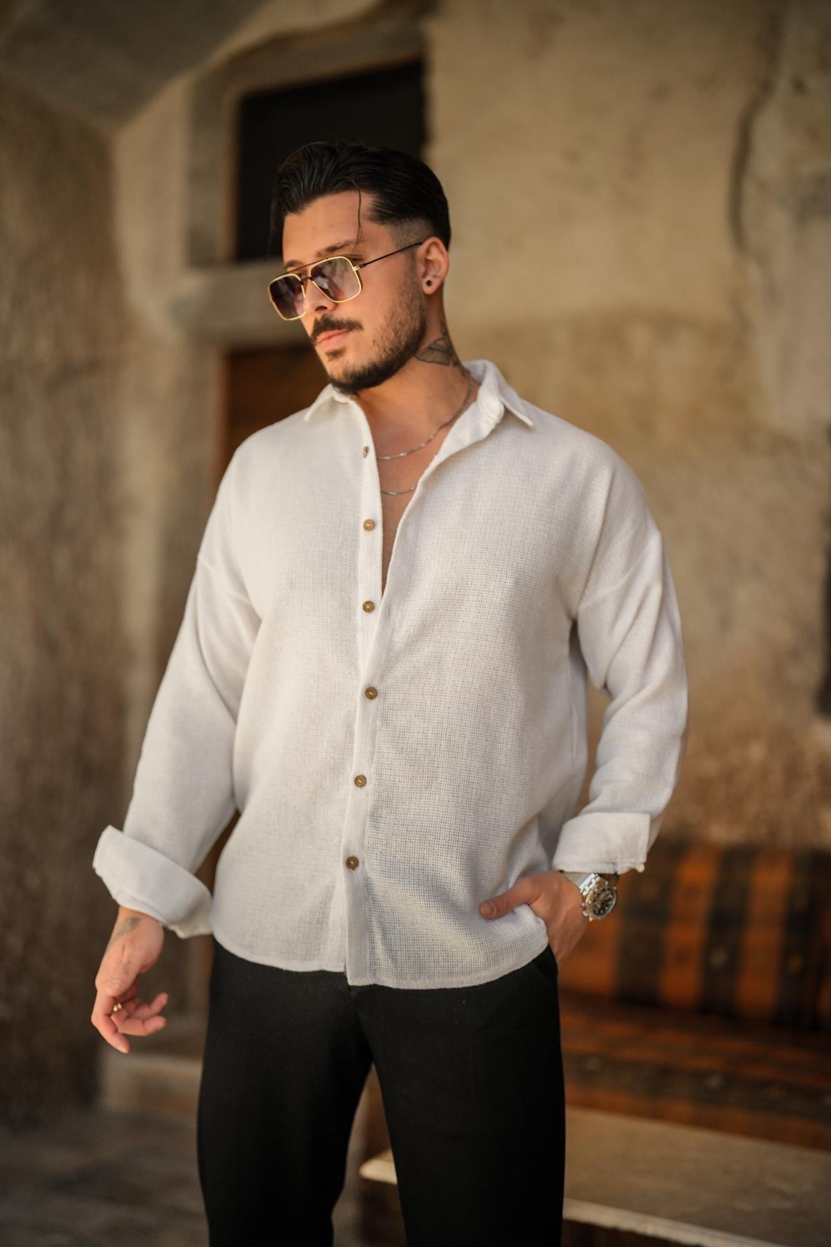 Basic Örme Oversize Gömlek Beyaz