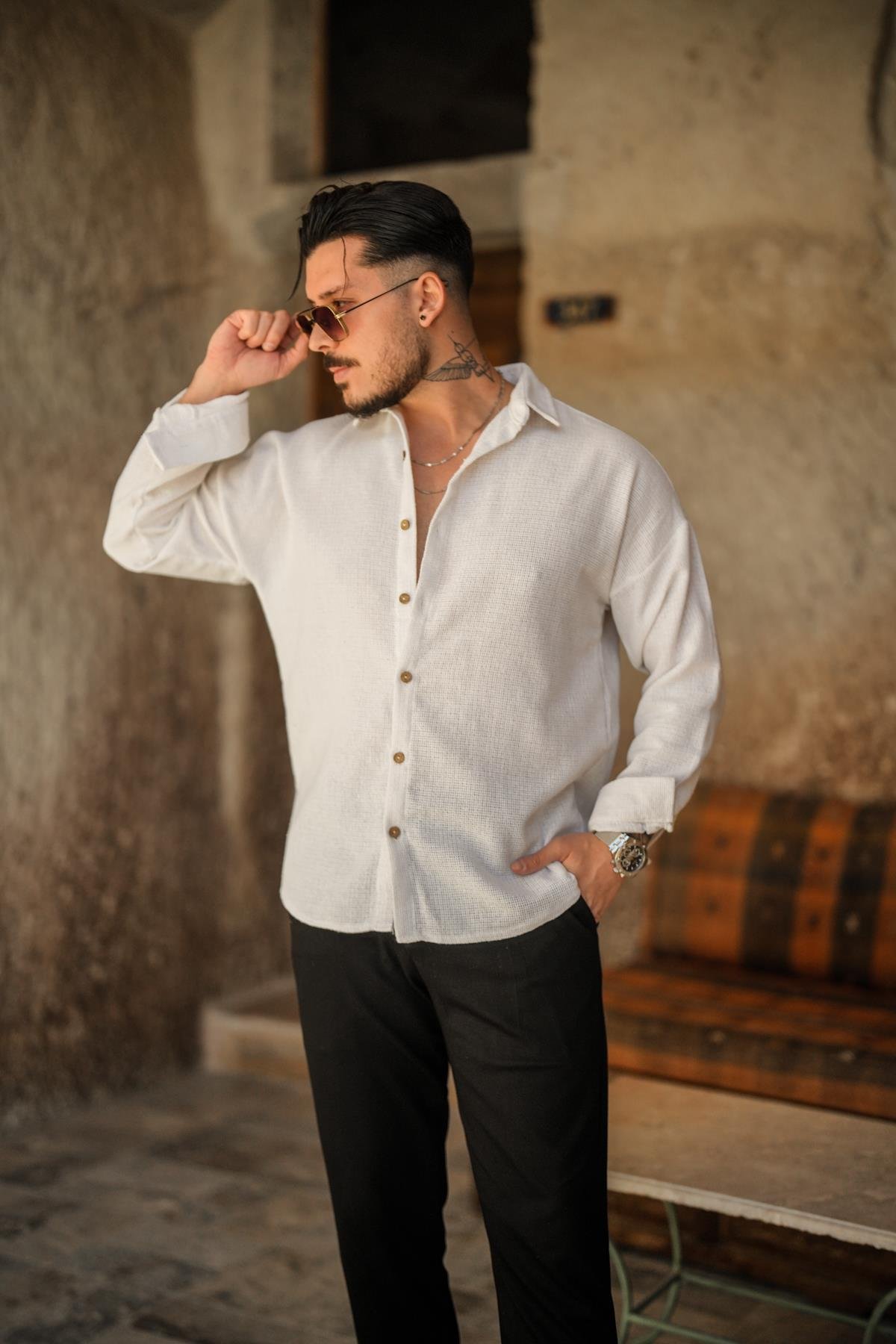 Basic Örme Oversize Gömlek Beyaz
