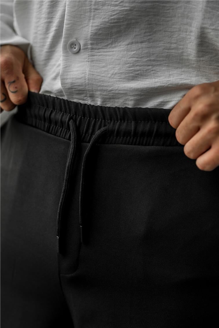 Basic Paçası Kuşak Detaylı Ayarlanabilir Jogger Pantolon Siyah