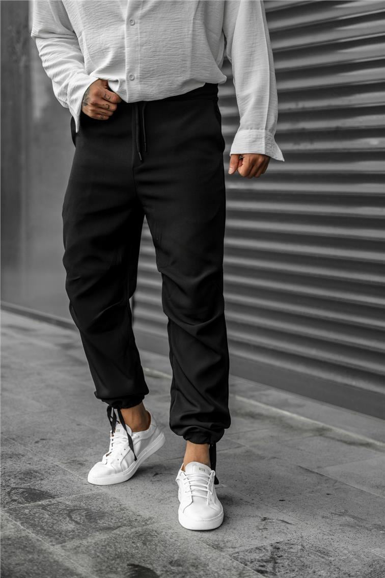 Basic Paçası Kuşak Detaylı Ayarlanabilir Jogger Pantolon Siyah