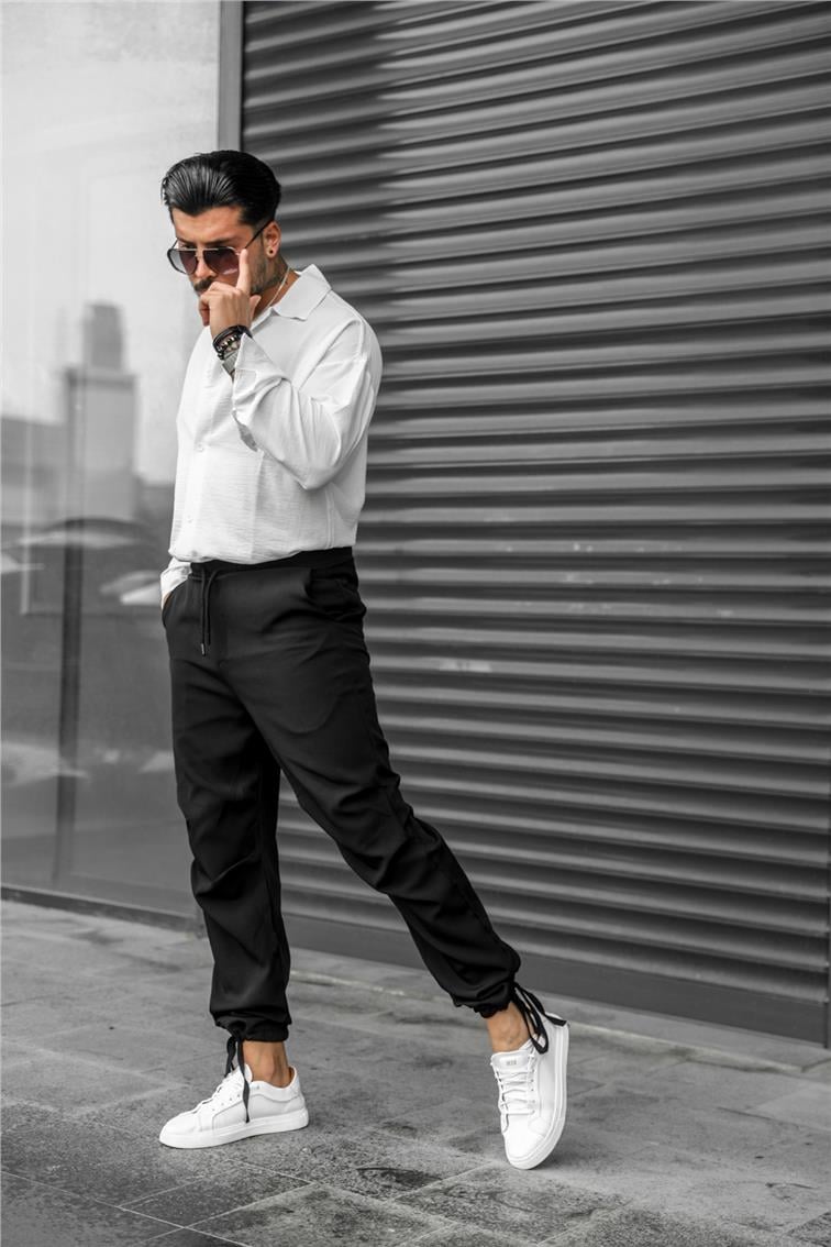 Basic Paçası Kuşak Detaylı Ayarlanabilir Jogger Pantolon Siyah