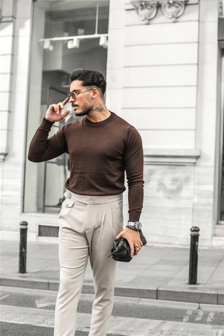 Basic Triko Slim Fit Kazak Acı Kahve